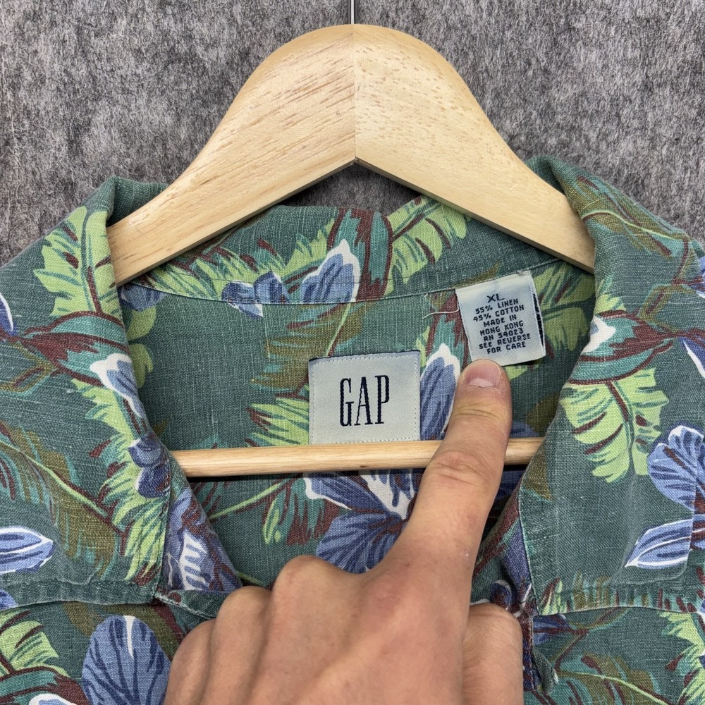Vintage GAP Loop Collar Hawaiian Aloha Shirt Men's XL Linen Blend Floral Green - Picture 3 of 7